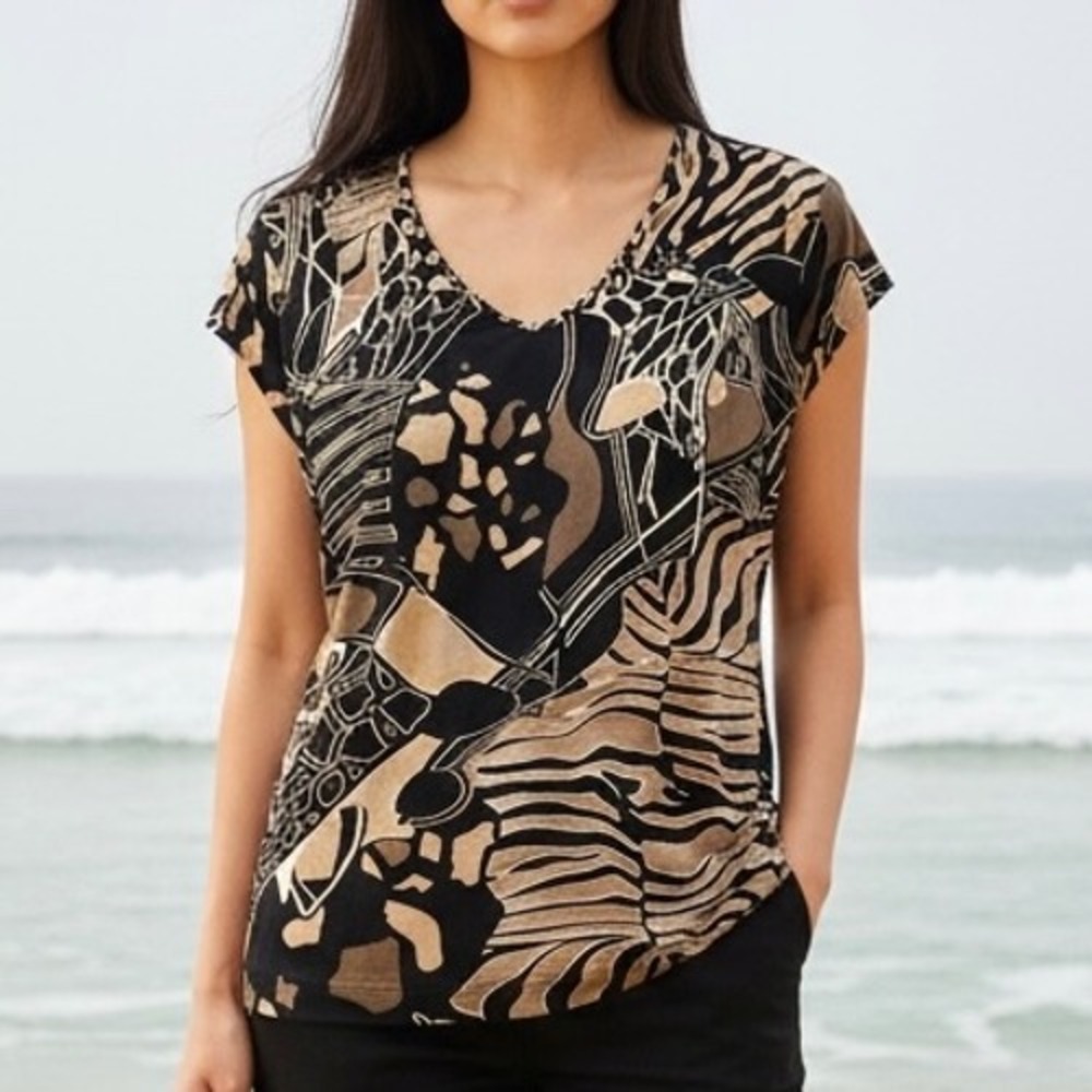 Chicos Abstract Animal Print V-Neck Cap Sleeve Top Sz2/US Lg Black Tan Casual